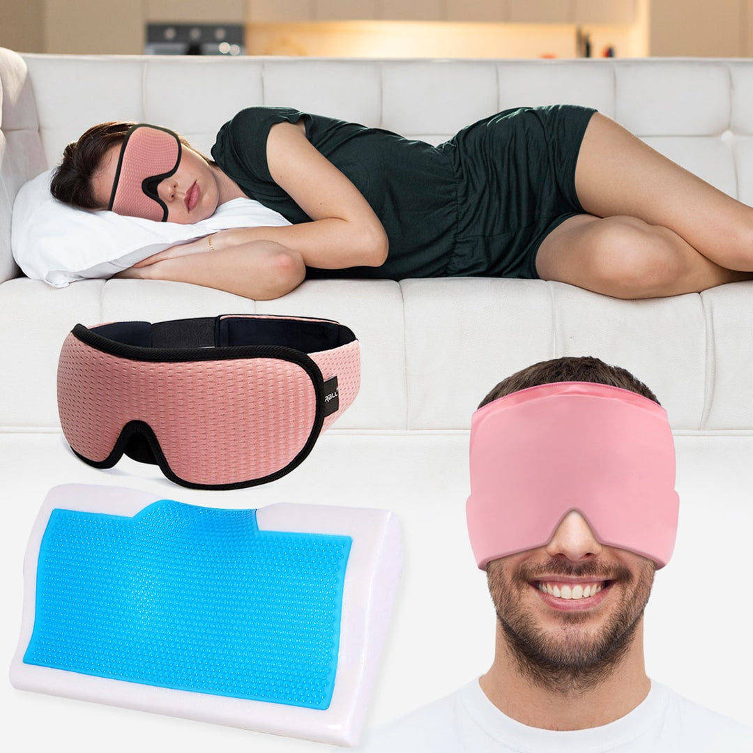 Gesundes Schlafgrundlagenpaket: Sparpaket Migräne Kältetherapie Maske + NapZone™ Schlafmaske + kühlendes Schlafkissen